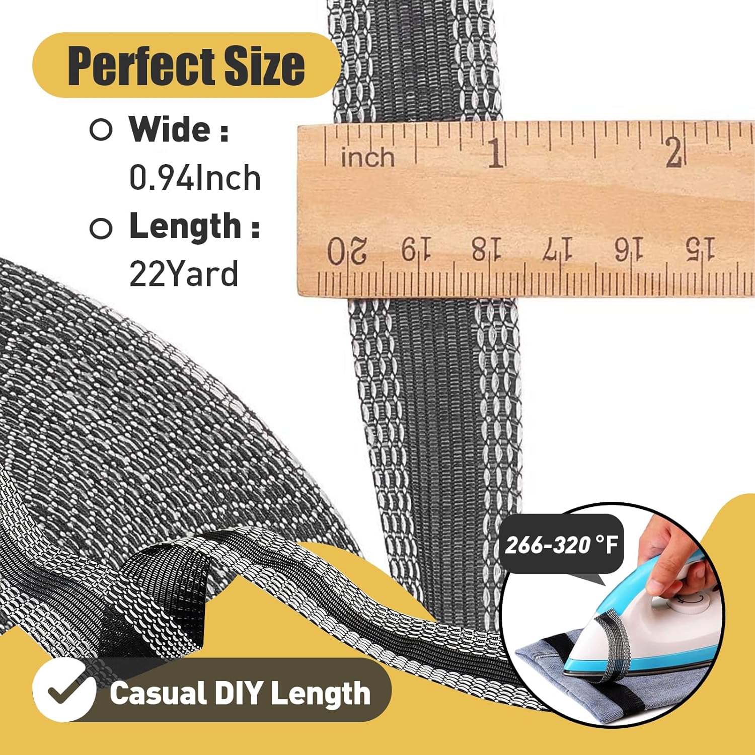 Black-and-white iron-on hem tape with ruler showing 0.94 inch width and 22 yard length