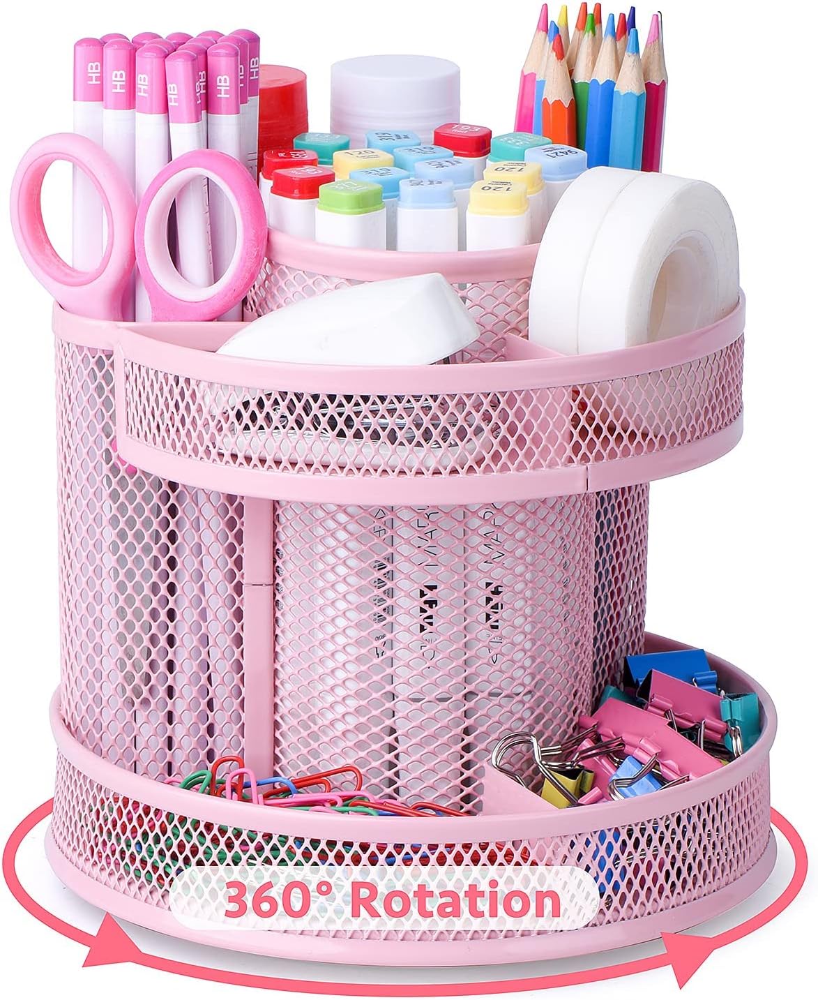 Pink Kawaii Desk Pen Pencil Organizer 360 Revolving