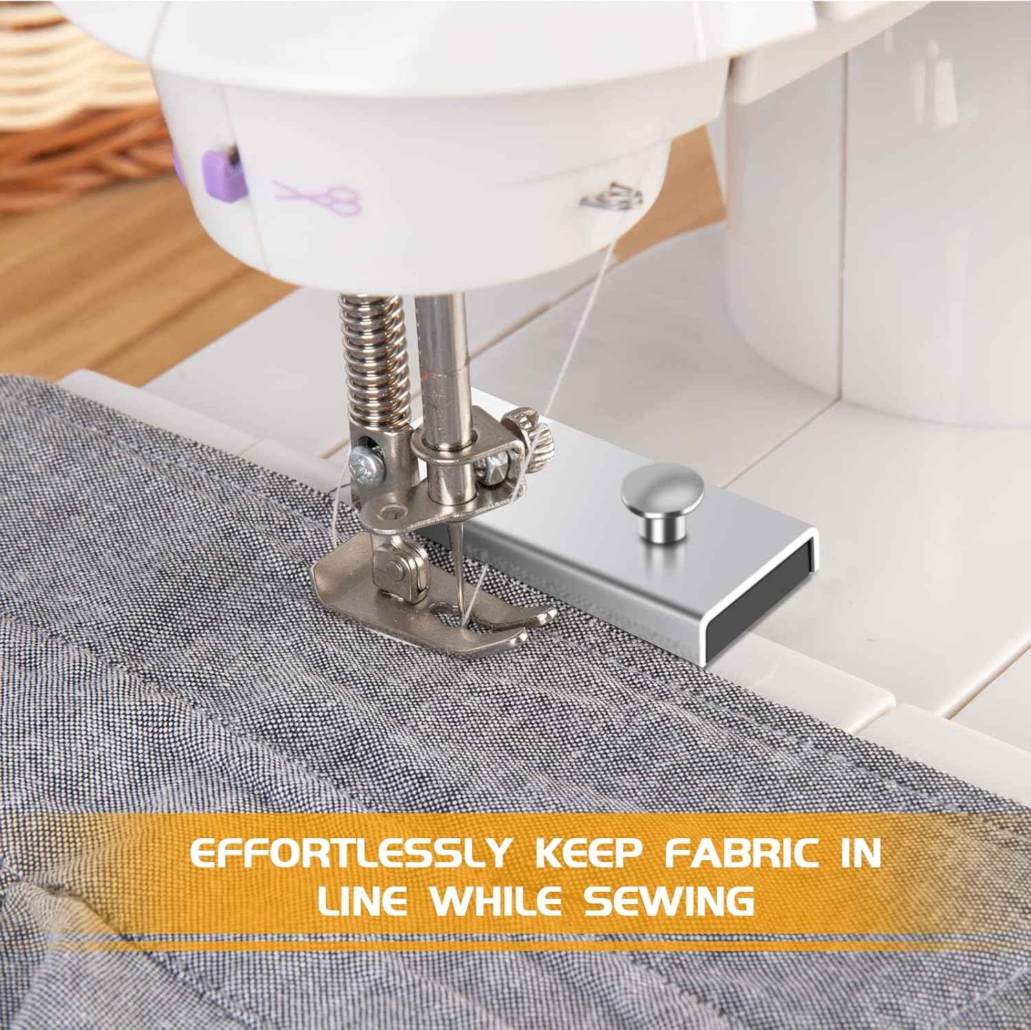 Seam guide installed on sewing machine to keep fabric aligned