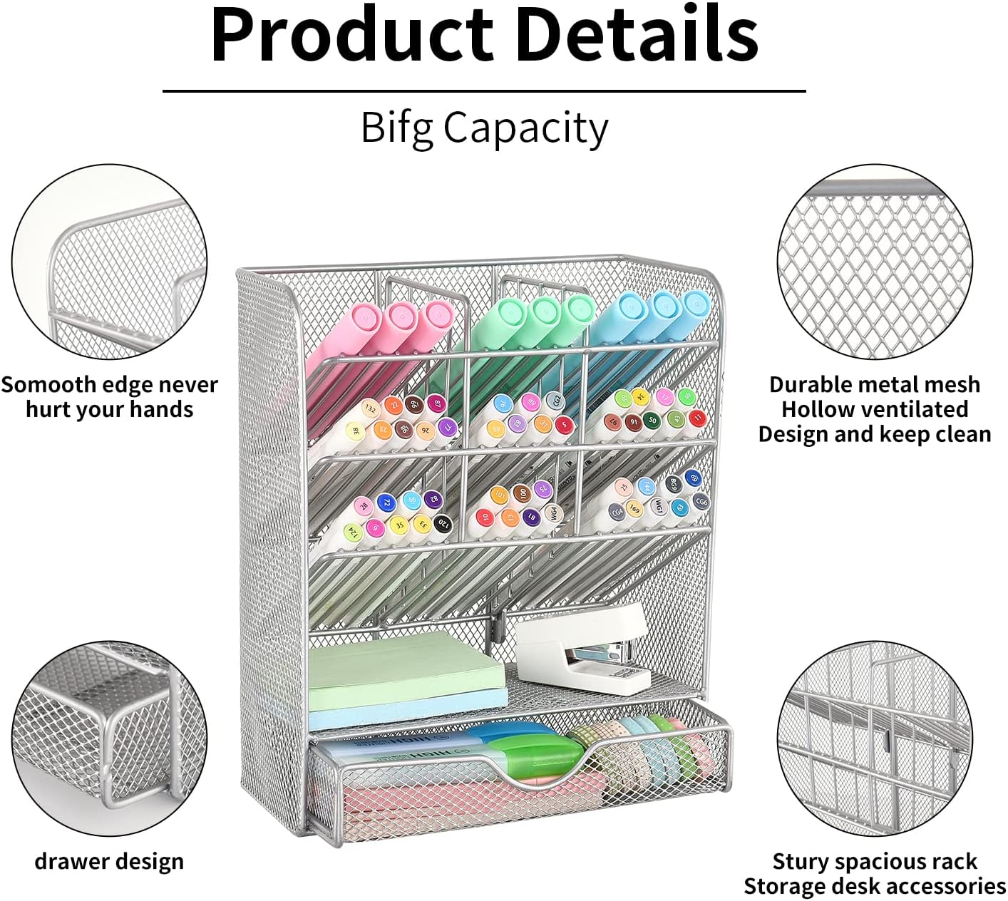 Metal Pen Holder Desk Organizer with 10 Compartments and 1 Drawer