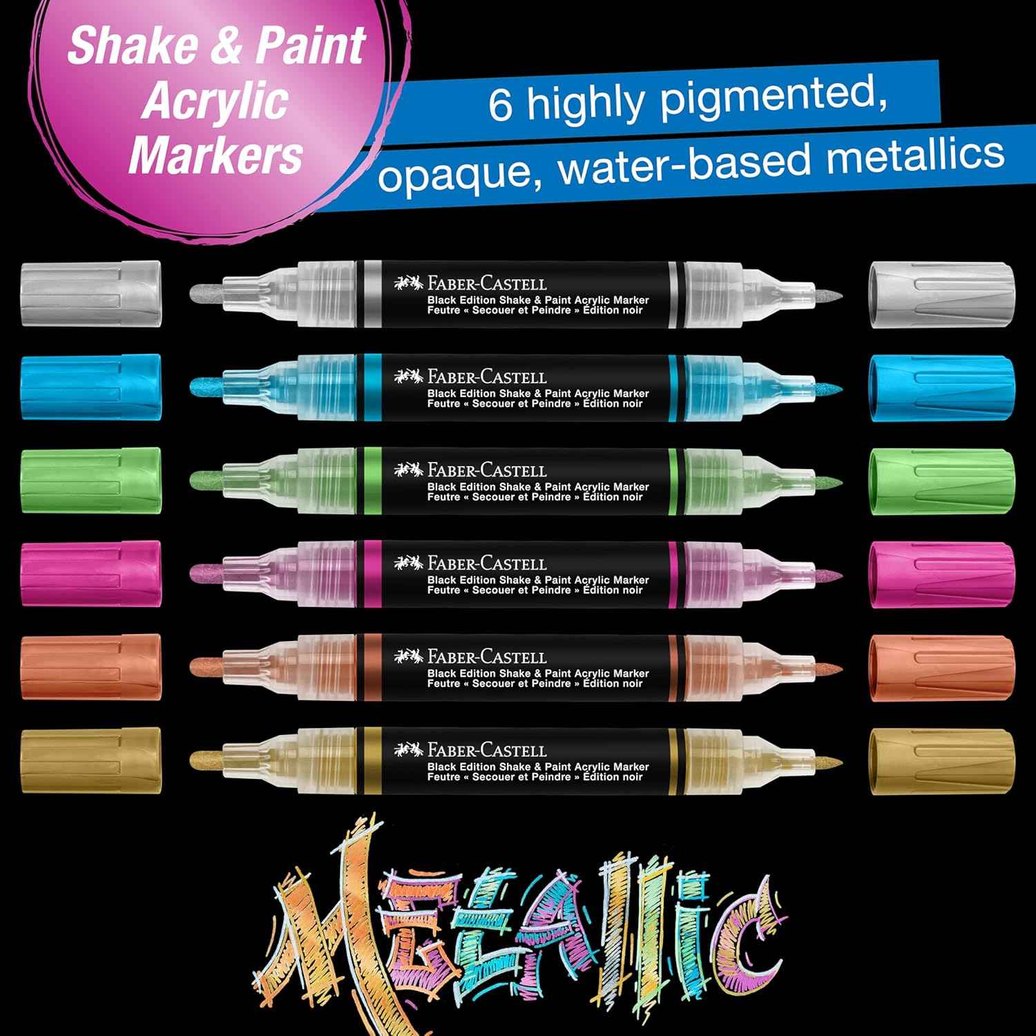 ファーバーカステル Faber-Castell Shake & Paint Acrylic Paint Markers 6 Color Metallic