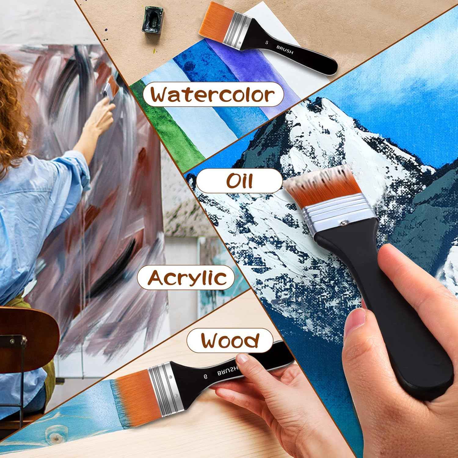 7 Size Artist Wide Flat Paint Brushes Set