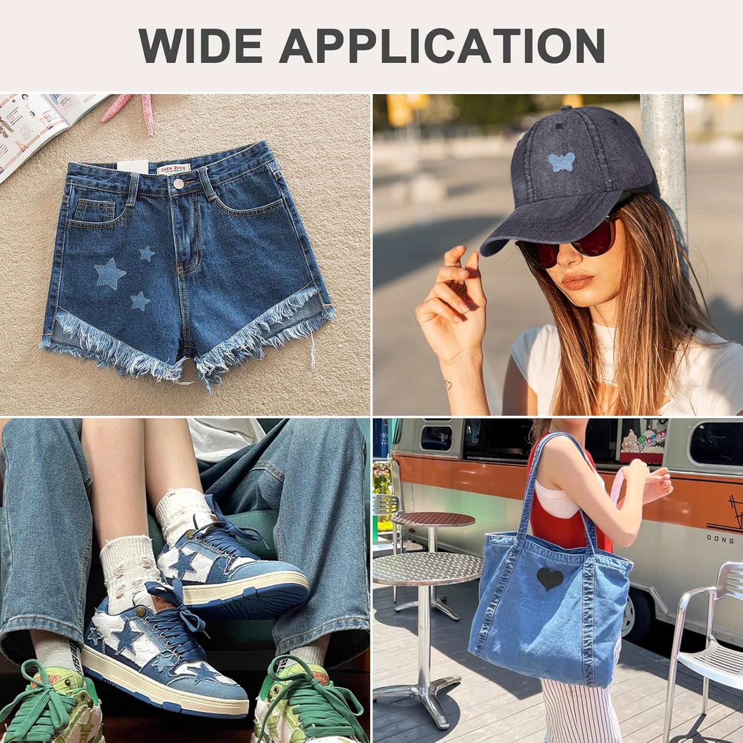 Denim iron-on patches for wide use on jeans shorts, hat, and tote bag