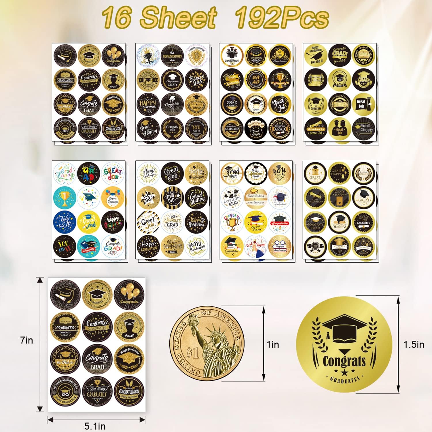 192pcs Congrats Graduation Stickers 1.5 inch Round Labels