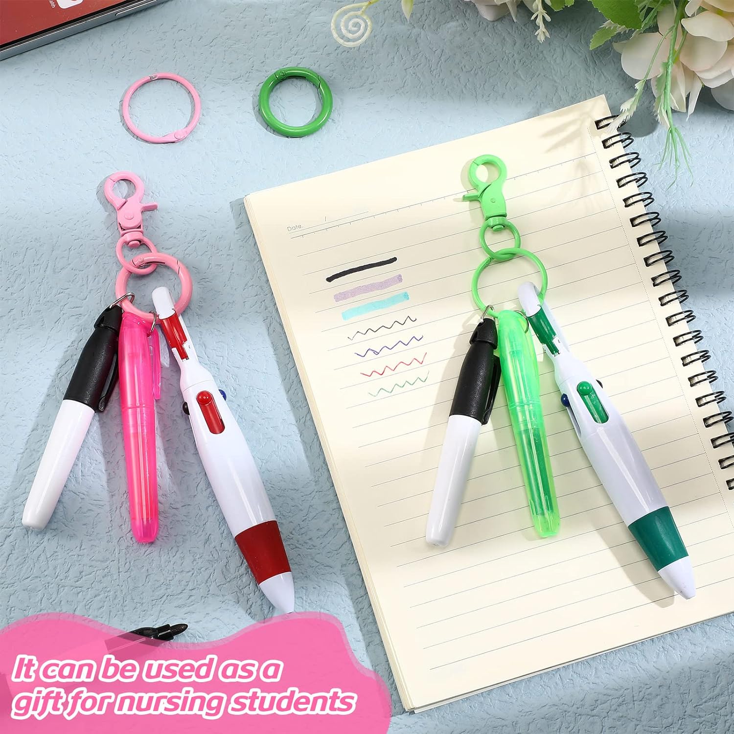 Nurse Ballpoint Highlighter Marker Pen Set with Keychain Clip