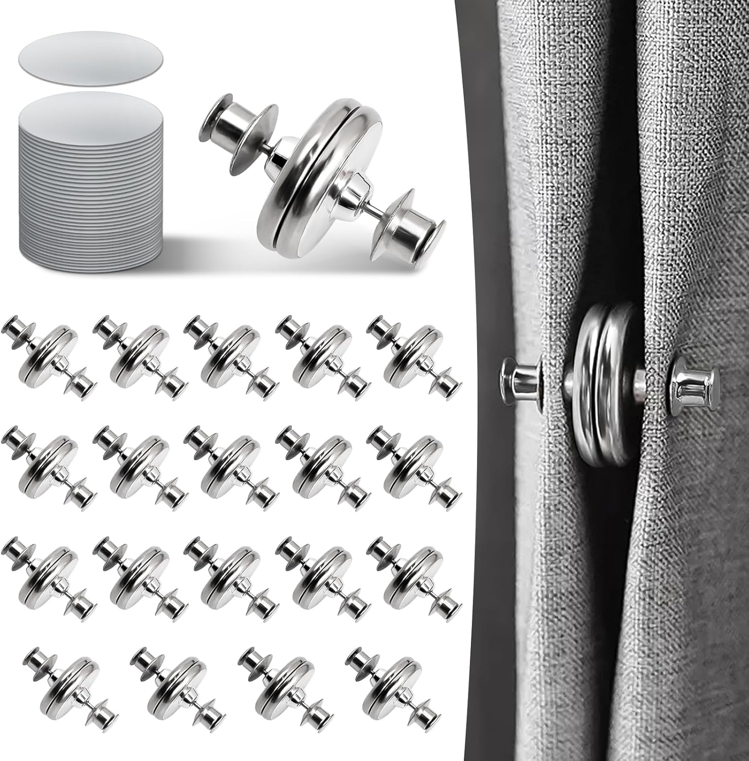 20 pairs curtain magnetic clips with button-style caps, shiny silver fasteners
