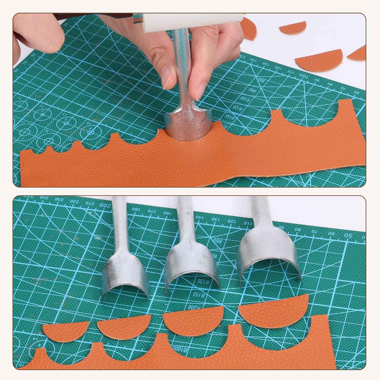 Leather edge punching with half-round cutter punch set, curved cutouts shown