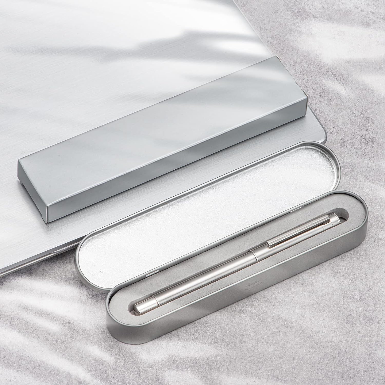 Stainless Steel Fountain Pen with Converter and Metal Pen Case Set