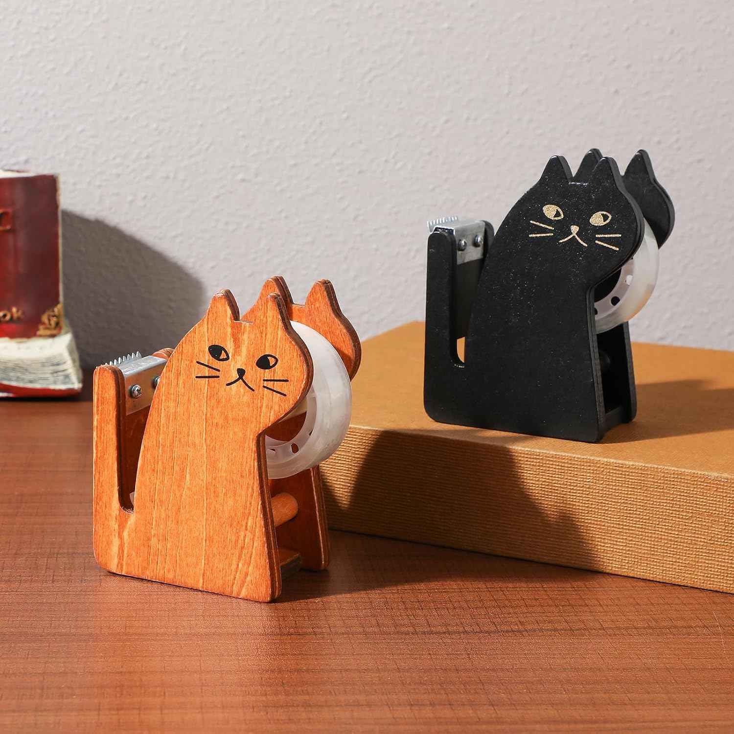 Wooden Cat Clear Tape Dispenser for Office & School Desktop 2 Pack