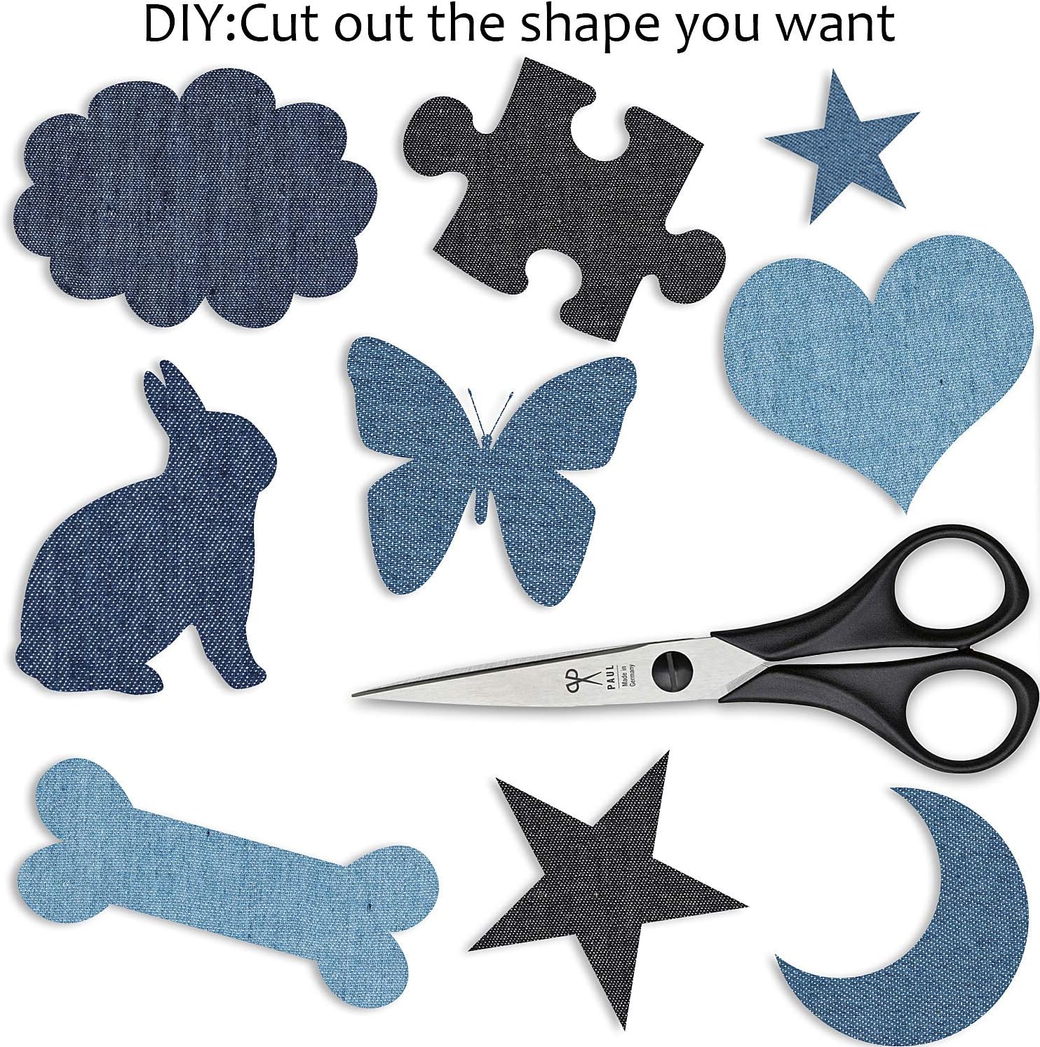 Cut-out denim patch shapes: flower, star, heart, butterfly, dog, airplane, and moon