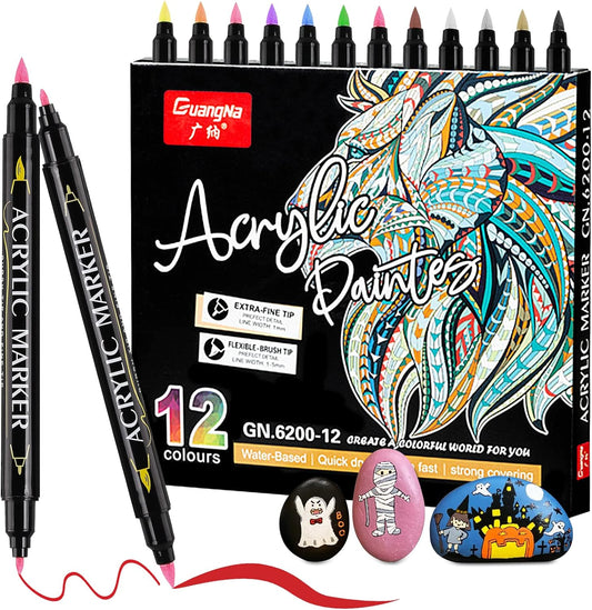 Guangna 12 Colors Dual Brush Tip Acrylic Paint Markers