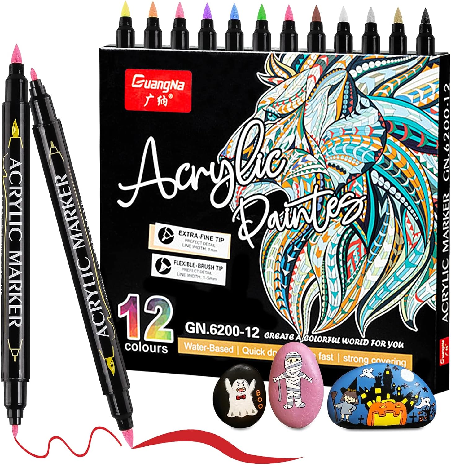 Guangna 12 Colors Dual Brush Tip Acrylic Paint Markers