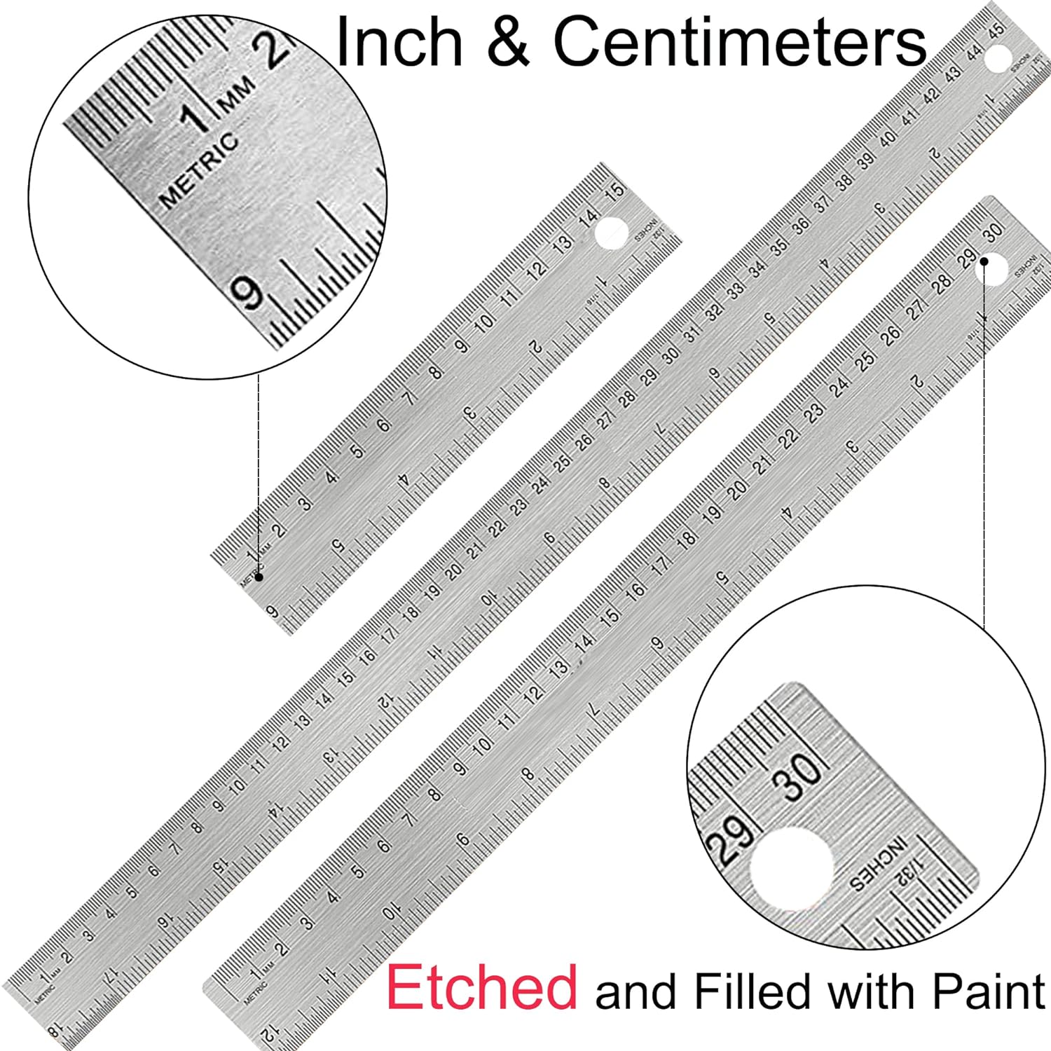 3PCS Stainless Steel Metal Ruler with Cork Backing 6/12/18 Inch