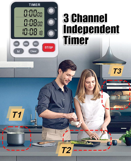 Kitchen Timer Digital - 3 Channel for Cooking with Alarm