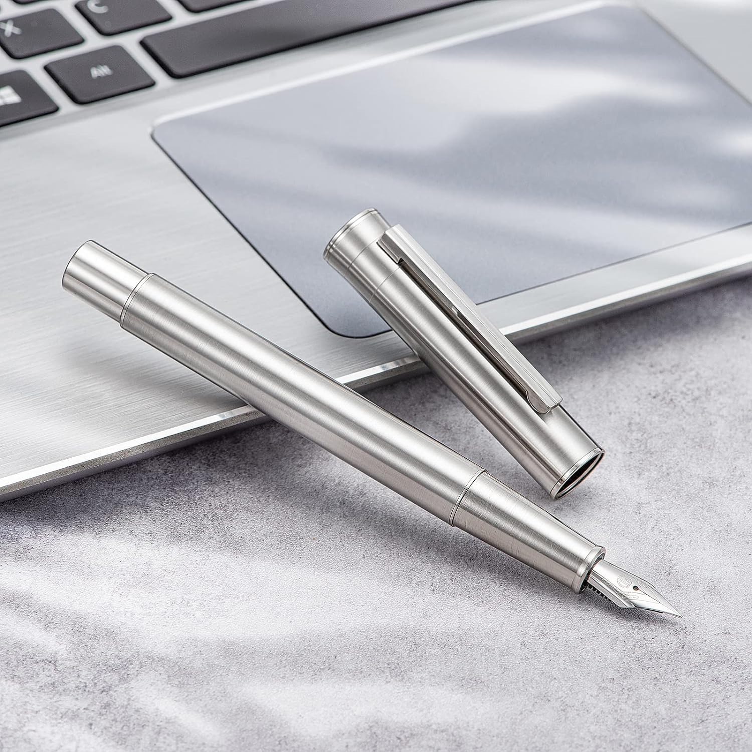 Stainless Steel Fountain Pen with Converter and Metal Pen Case Set