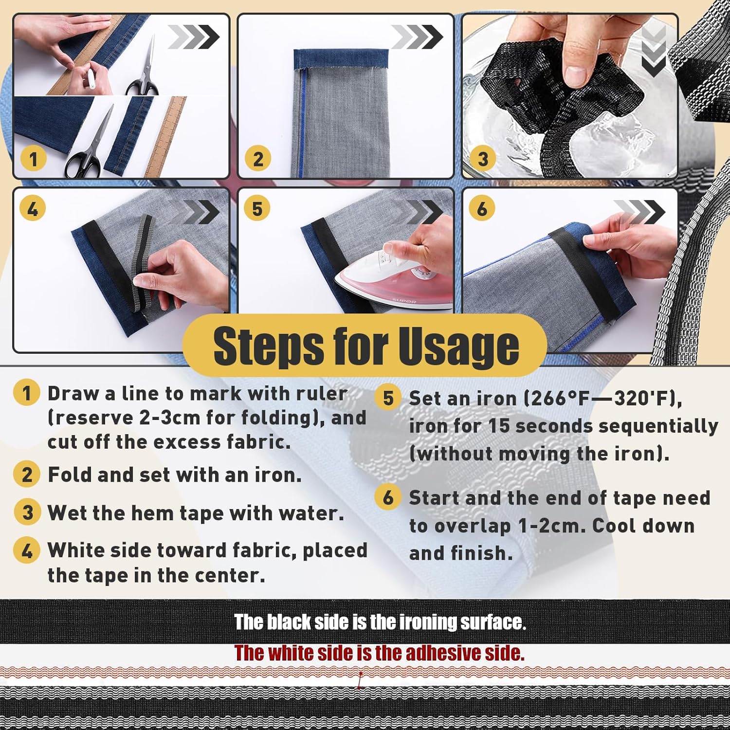 Hem tape application steps on a roll of dark tape with cut-and-press instructions