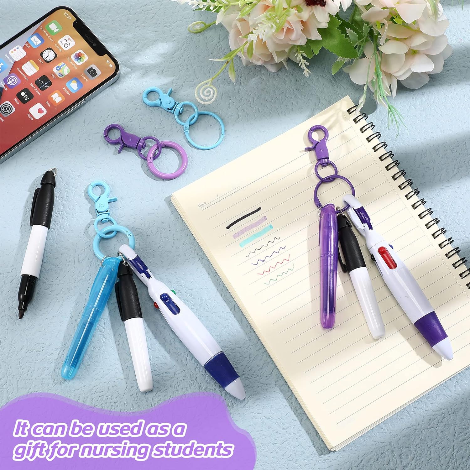 Nurse Ballpoint Highlighter Marker Pen Set with Keychain Clip