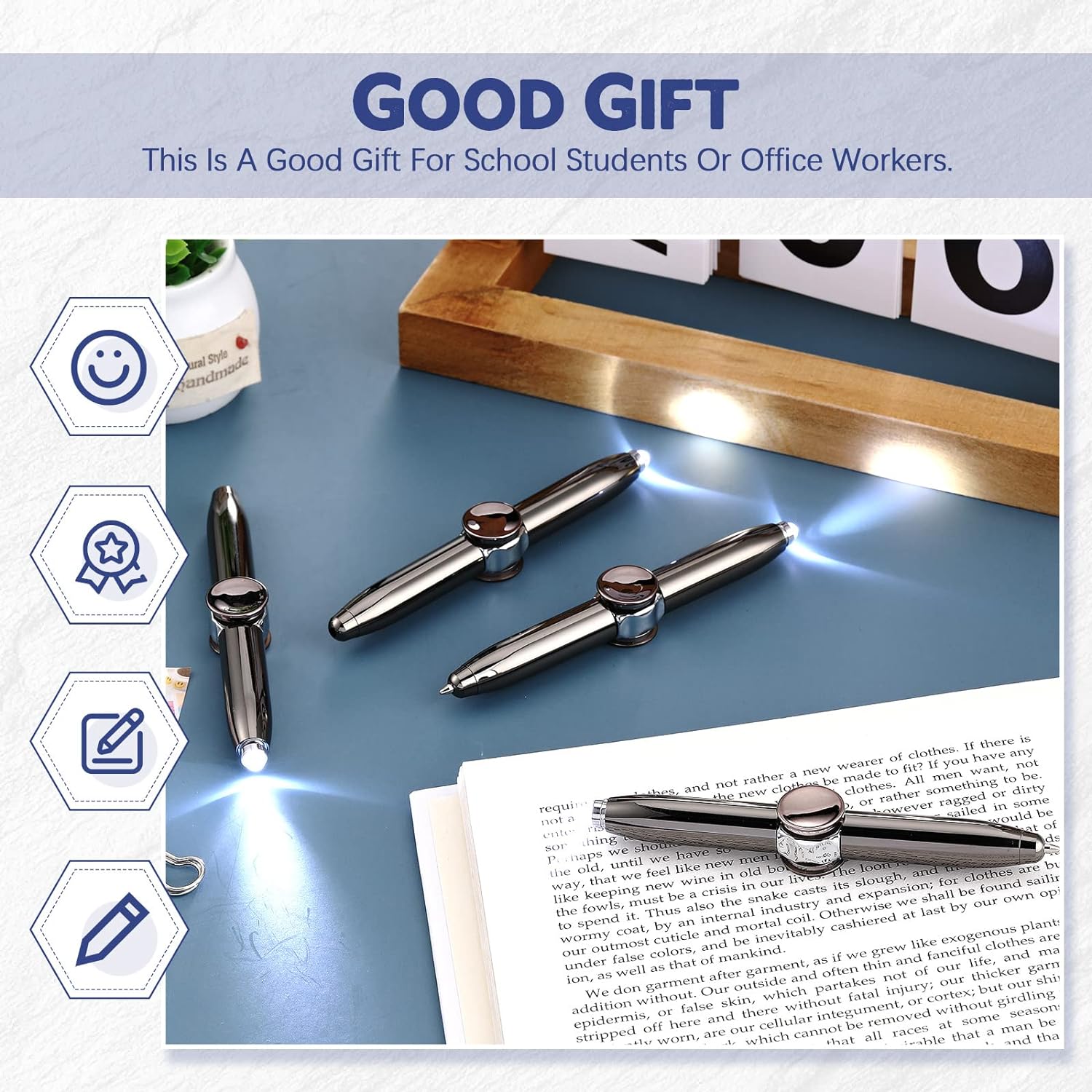 Fidget Draaiende Balpen – Metalen Gyroscoop Pen Met LED-Licht – Stressverlichter Voor Studenten En Volwassenen – Blauw, Met Batterijen (LR41)