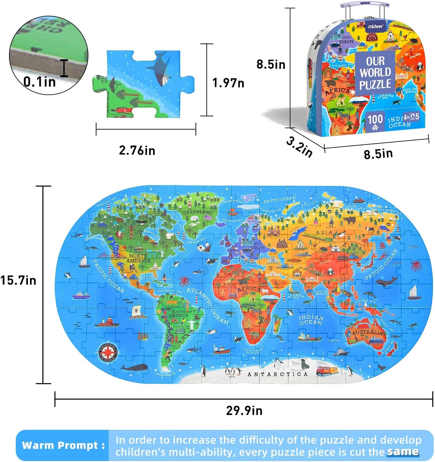 Mideer Floor Puzzle for Kids 4-8, 100 Piece World Map Jigsaw Puzzle
