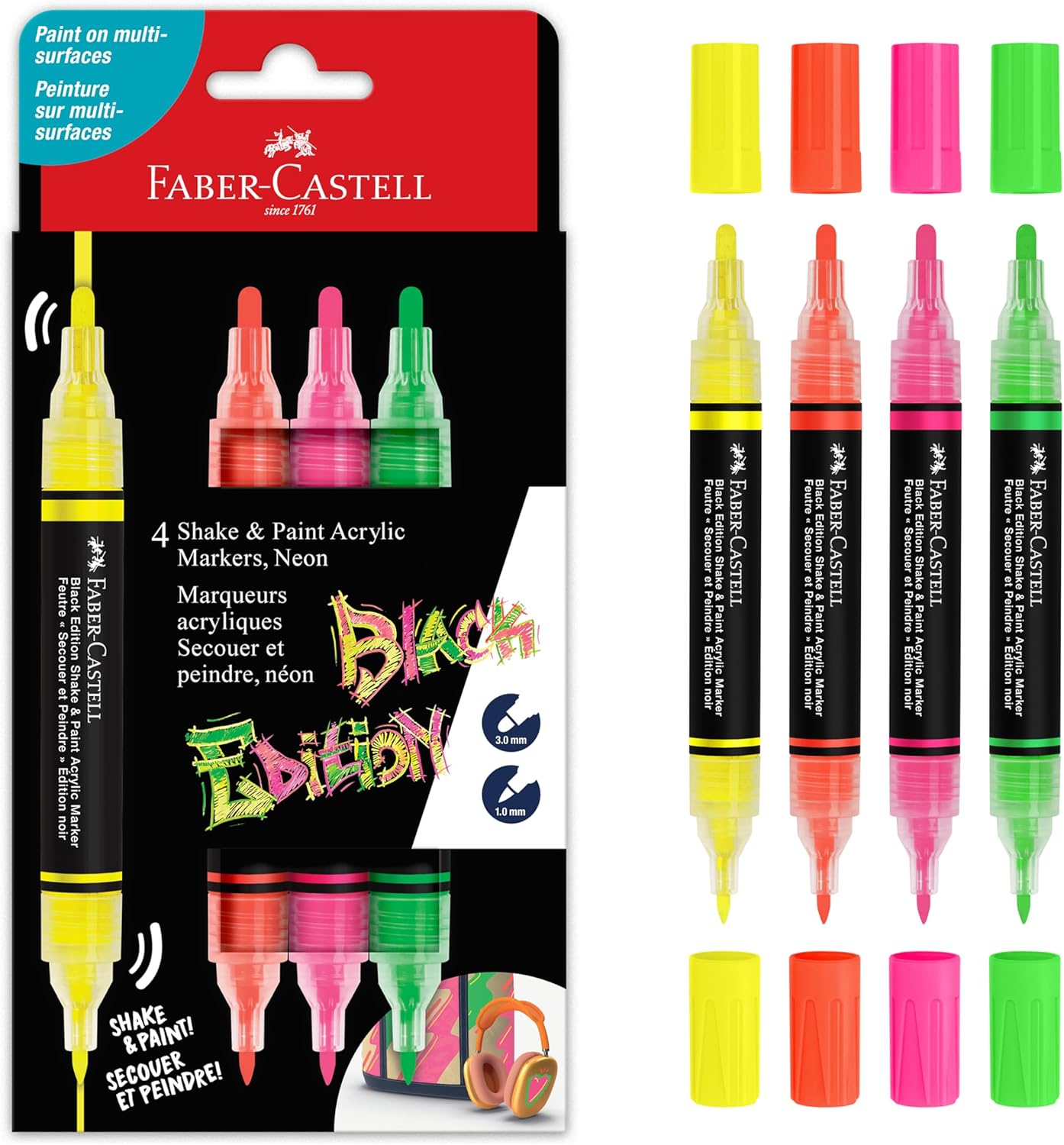 Marcadores de Tinta Acrílica Faber-Castell Shake & Paint 4 Cores Neon