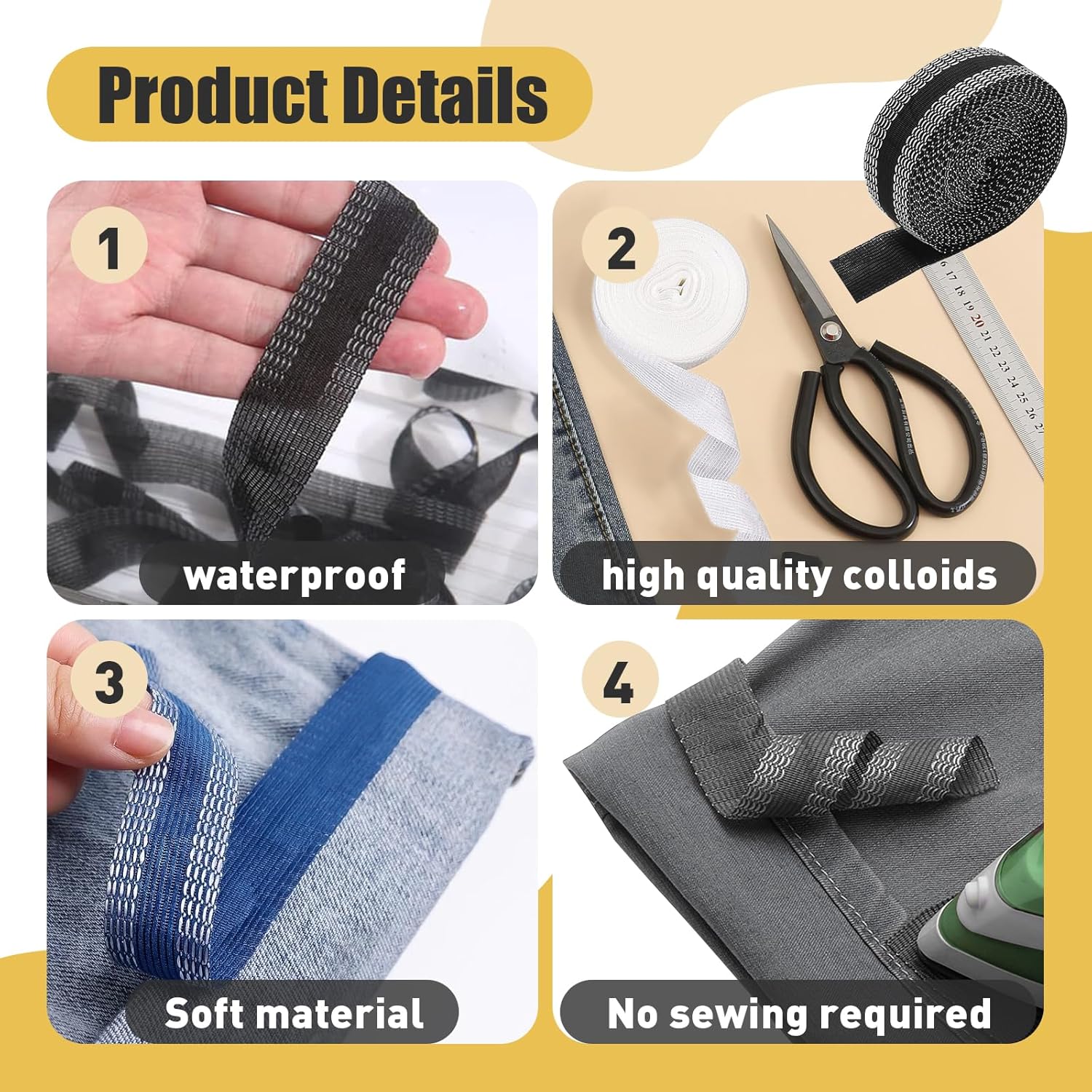 Iron-on hem tape detail: narrow webbing edge, waterproof-style finish, no-sew design