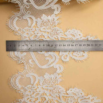 White lace polyester trim with scalloped motifs and fringe edge, 23cm width scale