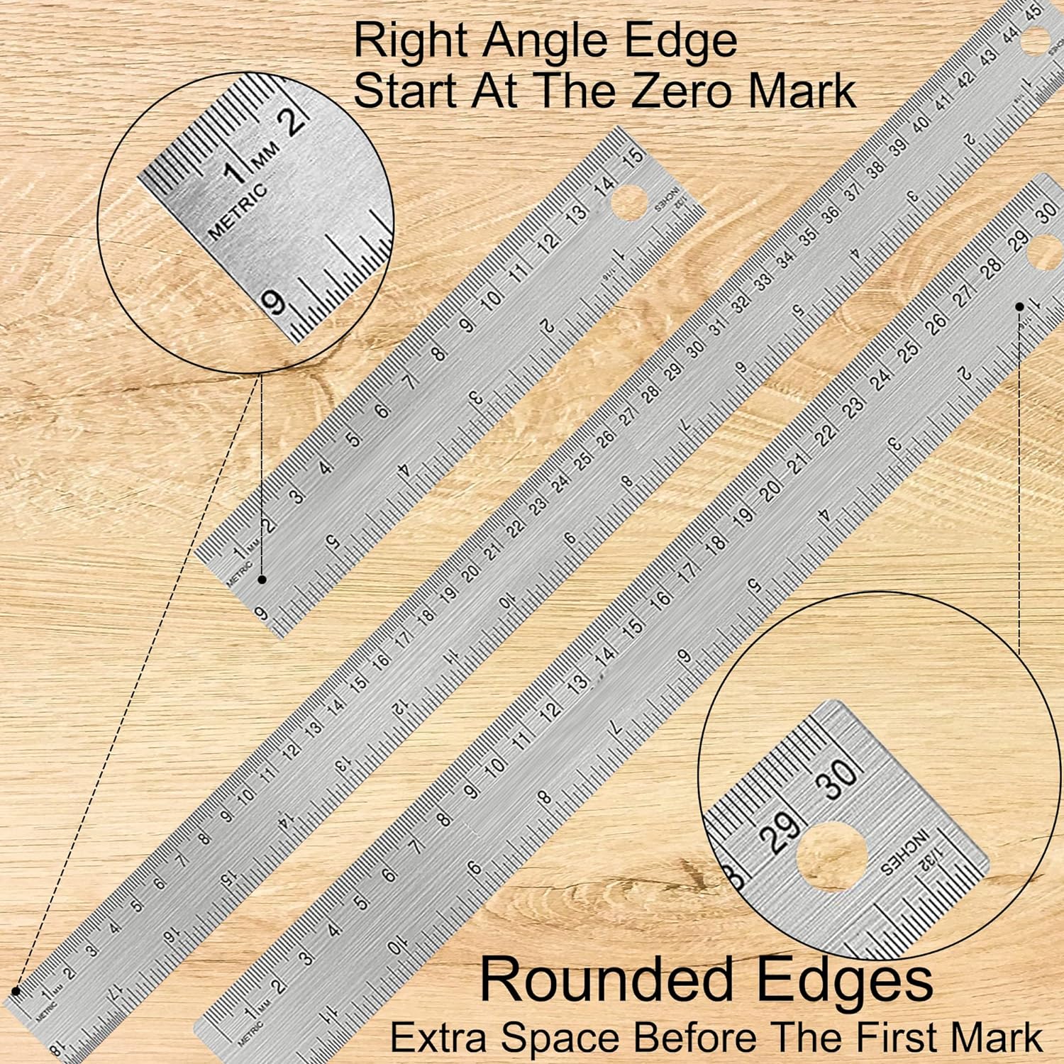 3PCS Stainless Steel Metal Ruler with Cork Backing 6/12/18 Inch