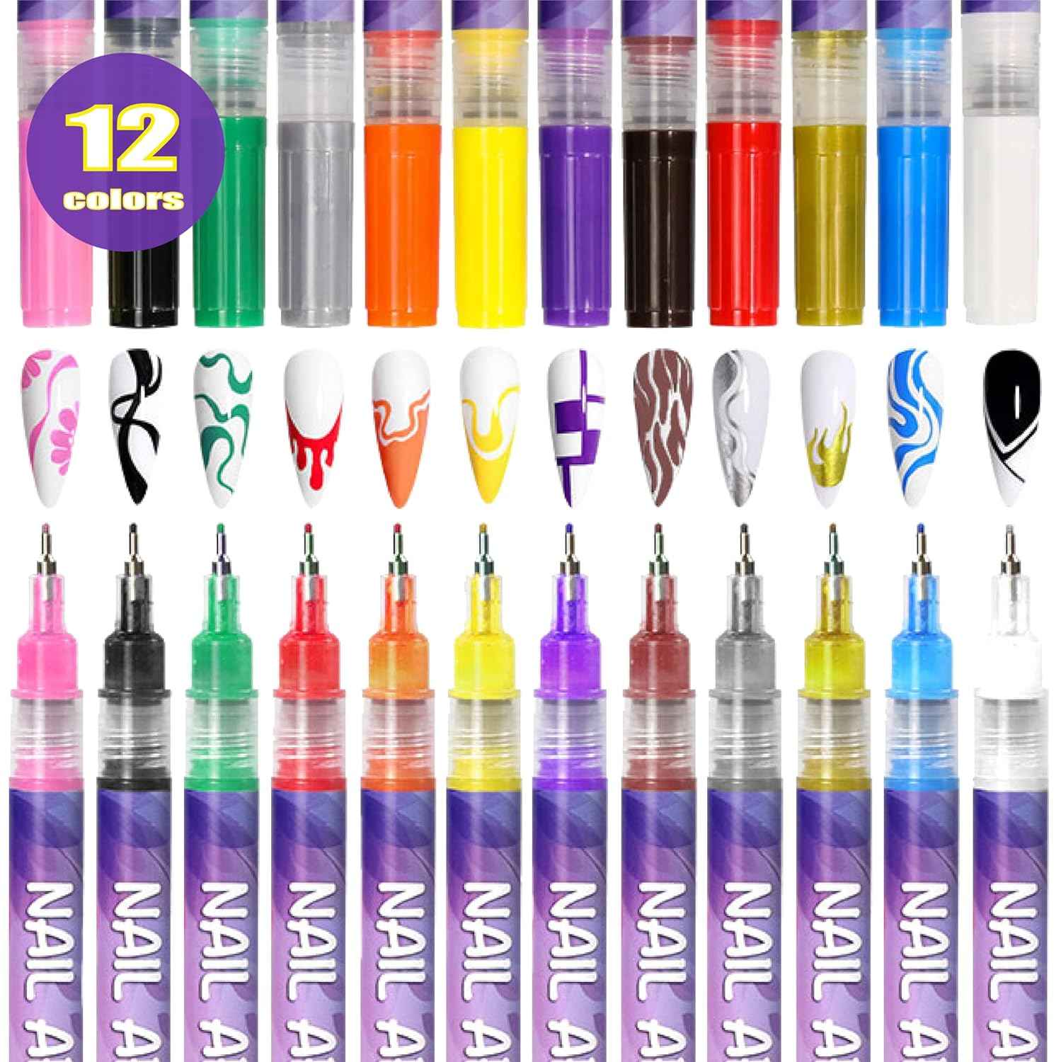12 Colors 3D Nail Art Marker Pens Set 0.5mm