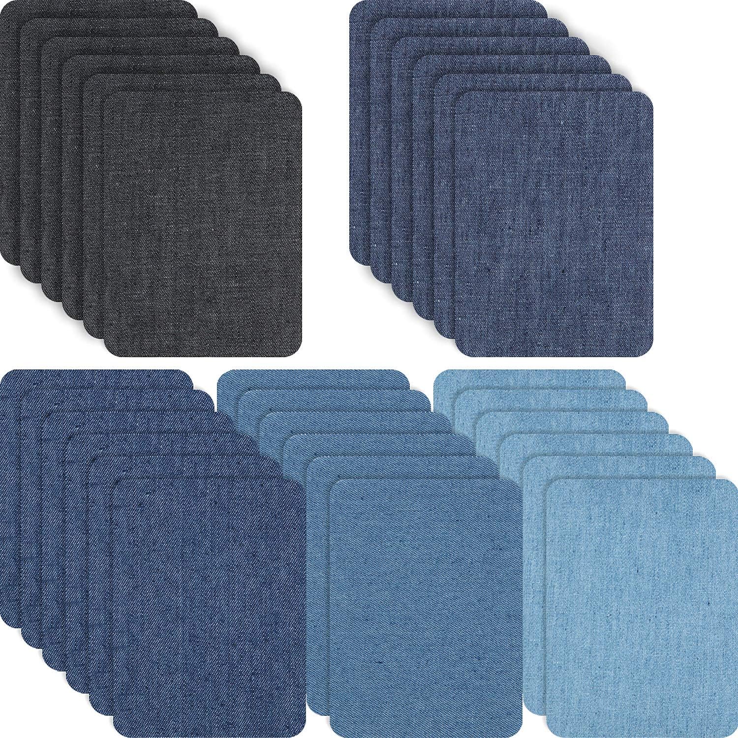 Iron-on denim repair patches, 4.9 in square, mixed dark and light denim sets