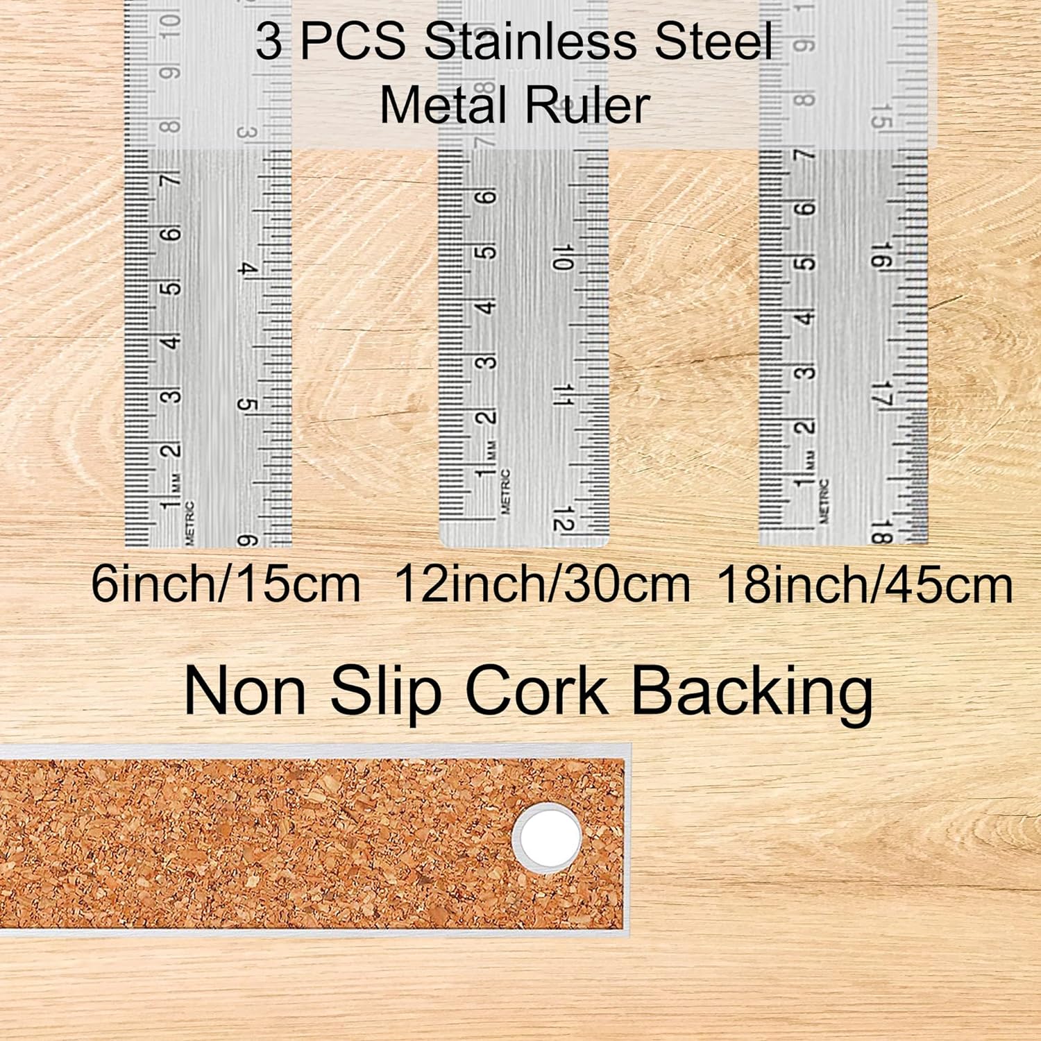 3PCS Stainless Steel Metal Ruler with Cork Backing 6/12/18 Inch