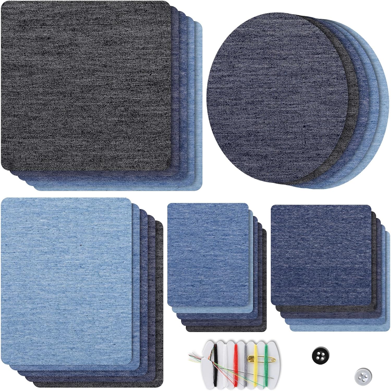 25 denim iron-on repair patches: dark & light blue squares and one oval