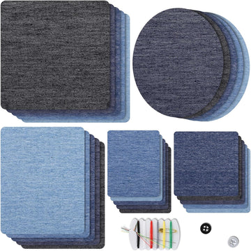 25 denim iron-on repair patches: dark & light blue squares and one oval