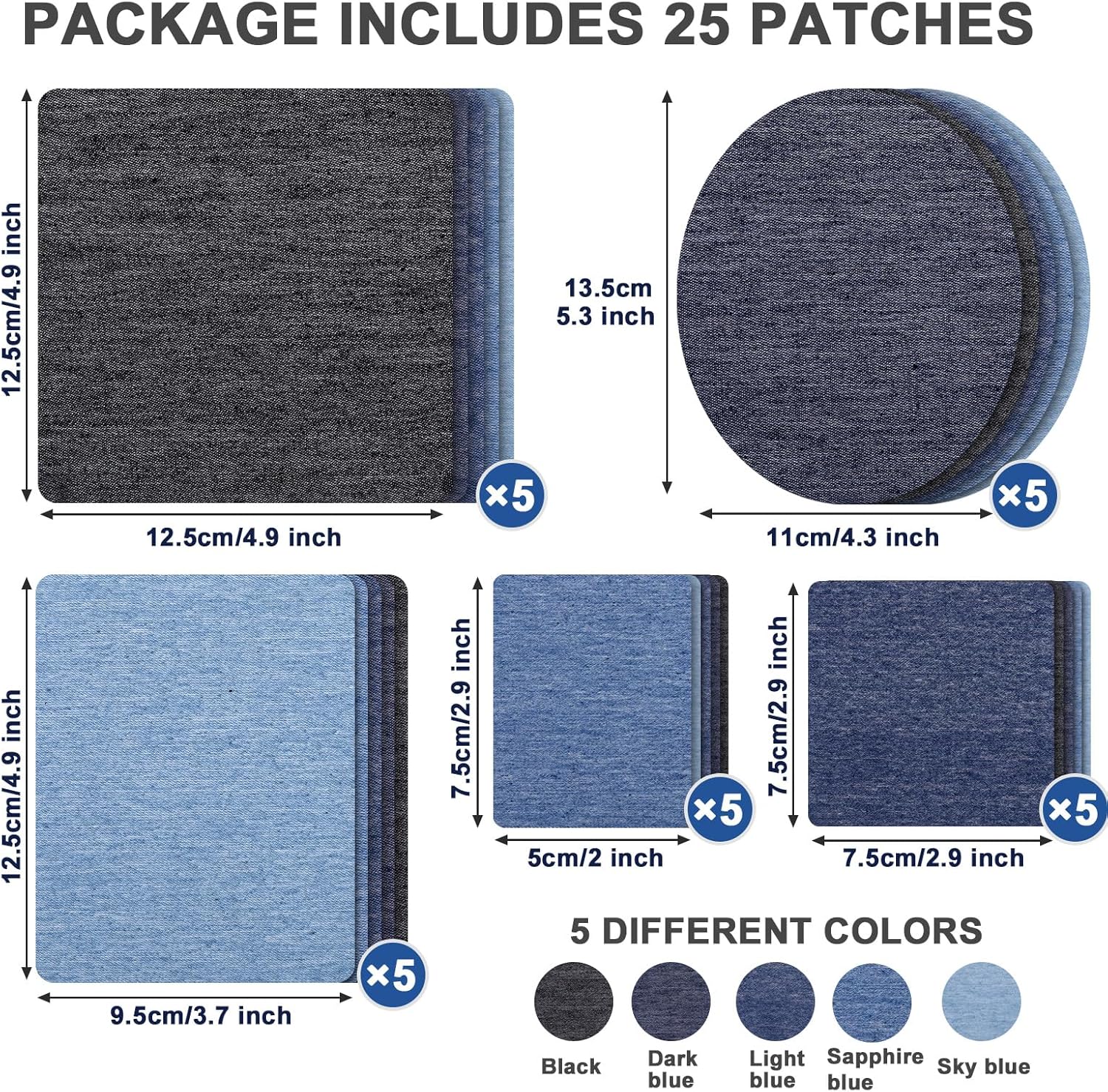 25 denim iron-on patches in dark and blue shades, multiple sizes