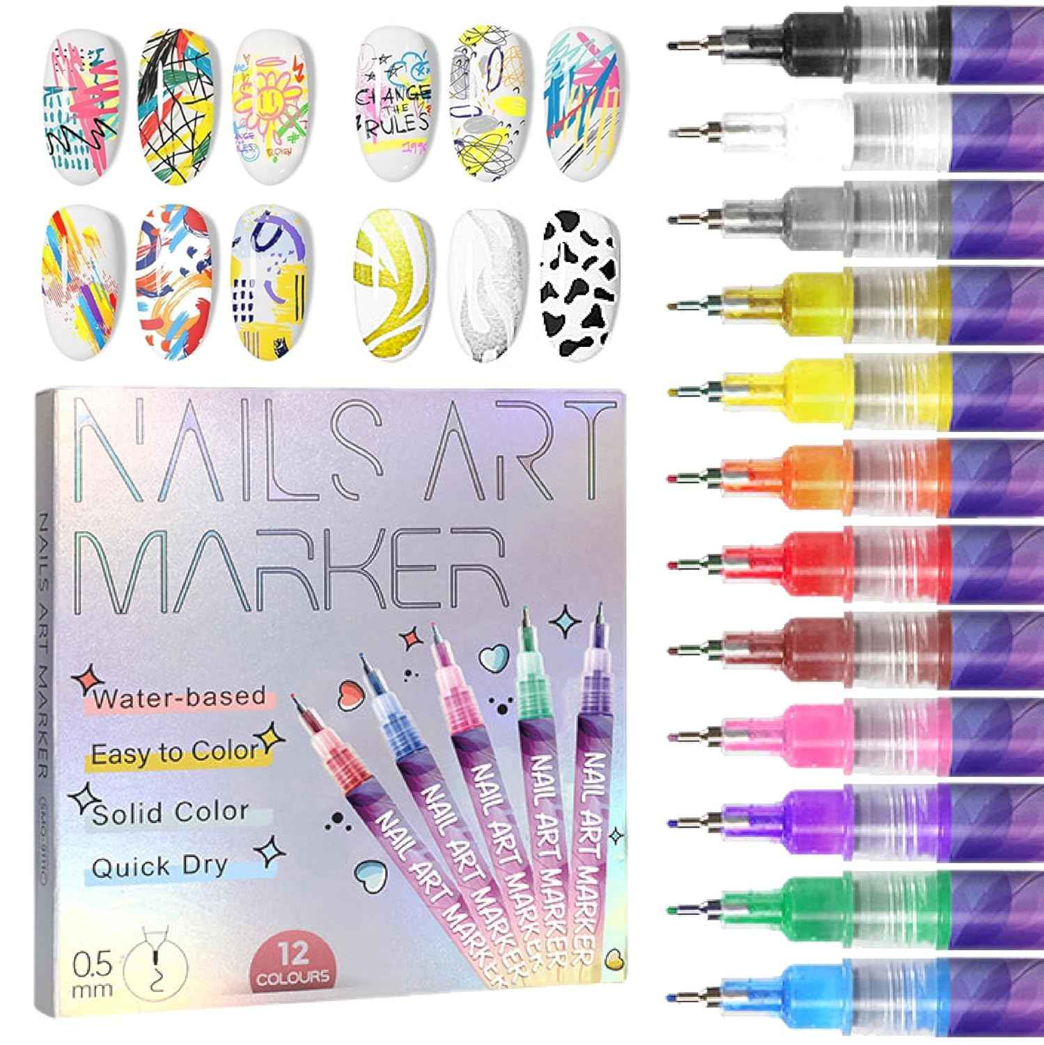 12 Colors 3D Nail Art Marker Pens Set 0.5mm