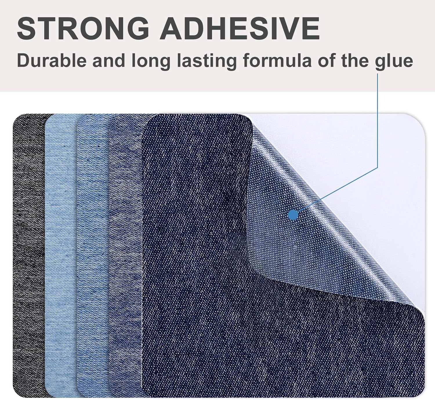 Iron-on denim repair patches layered in dark and light blue with strong adhesive backing