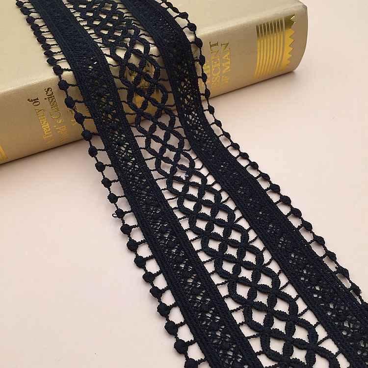 Black embroidered lace trim with geometric openwork and pom-pom fringe edges, 6/8.5cm.