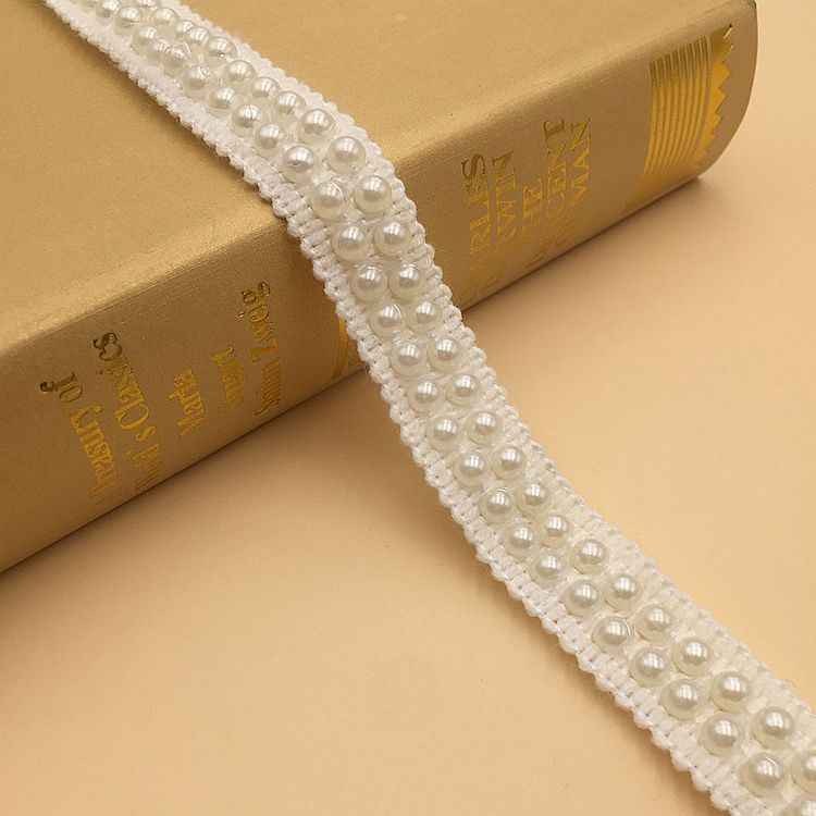 White pearl acrylic crochet lace trim, vertical beaded row detail, 1.5–2 cm