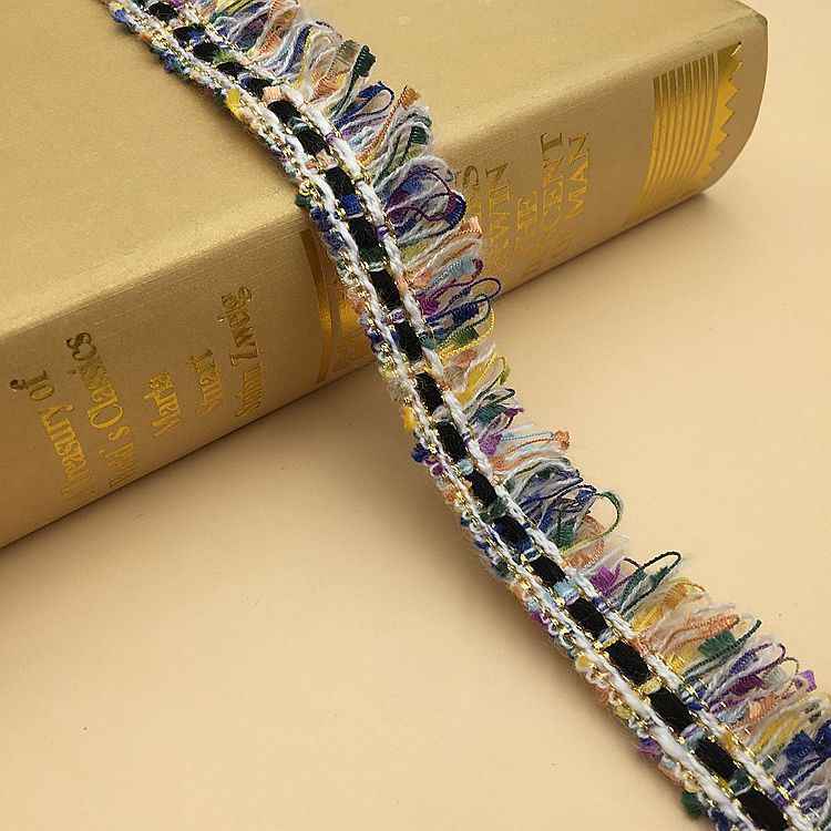 2,5 cm Fransentrim-Borte, bunt gestreift mit blau-violetten Farbtönen und Goldfäden