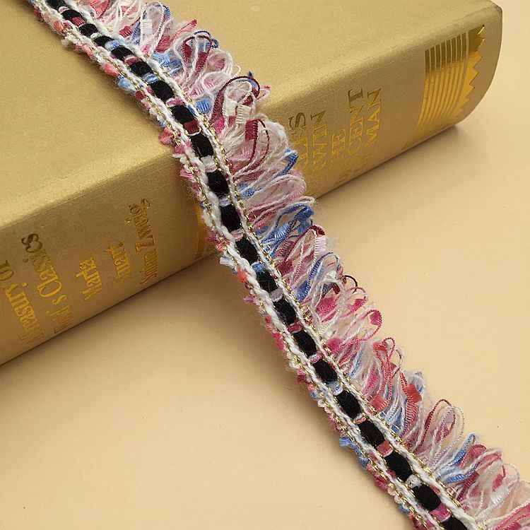 2,5 cm Fransentrim-Borte, rosa/hellblau mit goldfarbenen Zierfäden