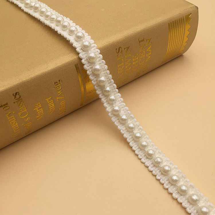 1.3cm pearl crochet lace trim, white, bead-like pearl rows along lace edge