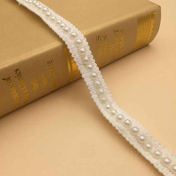 White pearl crochet lace trim with beaded scalloped edging, 1.5–2 cm