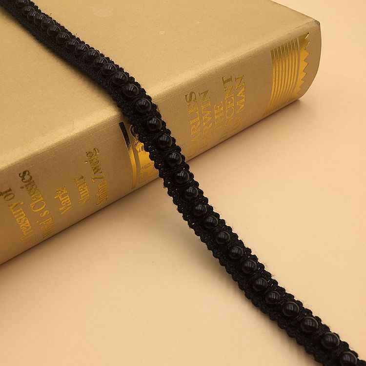 1.3cm pearl crochet lace trim, black, bead-like pearl rows on crochet lace