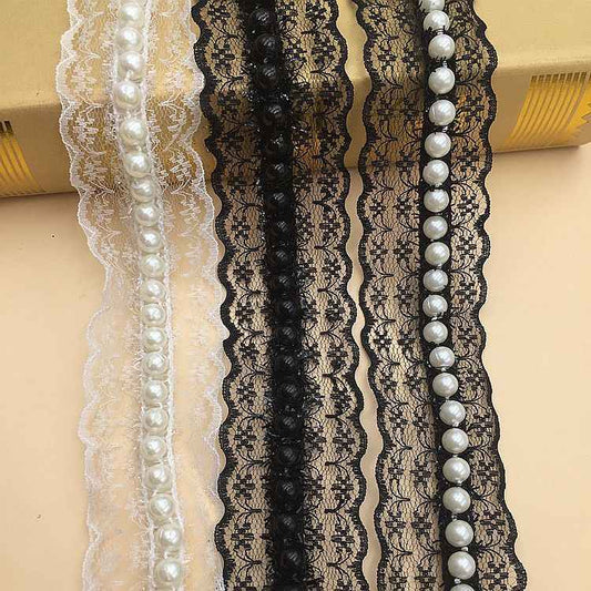4cm Black White Non-Stretch Lace Trim with Faux Pearl Accents 10 Yards