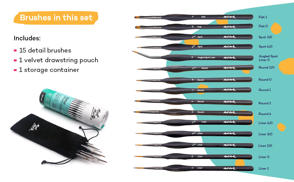 Mont Marte Signature Detail Brush Collection,15 Piece,Taklon Bristles