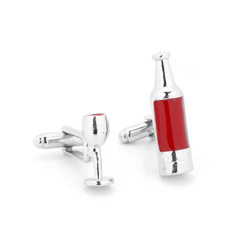 Whiskey bottle-inspired French cufflinks, red bottle insert and silver tone finish (2 pcs)