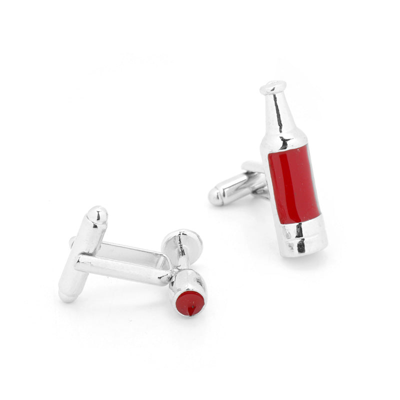Whiskey bottle and stopper-style cufflinks, red insert with silver finish, 2 pcs