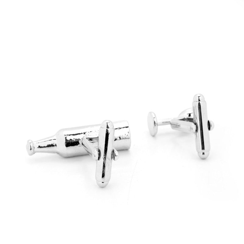 Silver-toned whiskey bottle cufflinks with round backs, 2-piece set