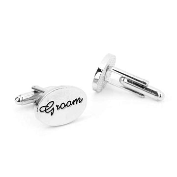 Silver “Groom” cufflinks set of 2, oval face with black script