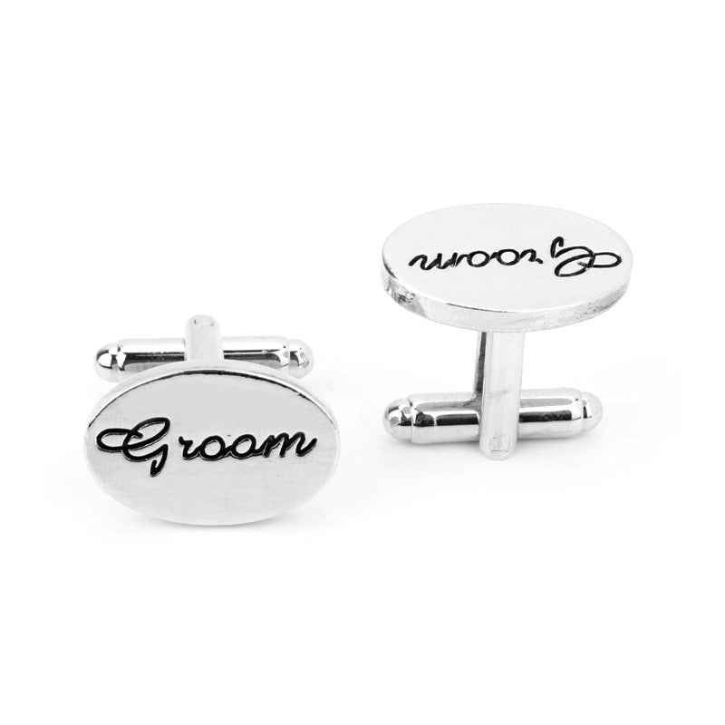 Silver “Groom” cufflinks, reverse view showing vertical post and oval back