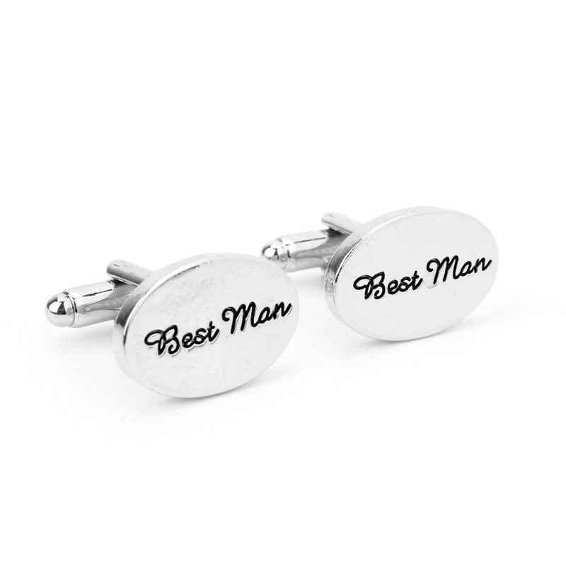Best Man oval cufflinks, silver-tone with black script lettering and hinged back